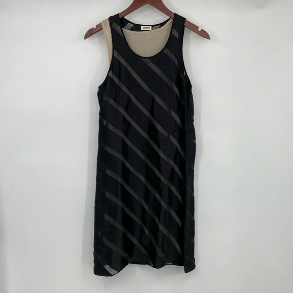 L'Agence Sheath Dress‎ Womens Size 2 Black Cream Striped Ribbon Sleeveless Sheer